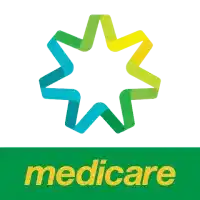 InspireHM— Logo featuring an abstract star shape in green, blue, and yellow colors above the word "medicare" in yellow on a green background.