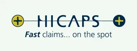 InspireHM— Logo featuring the word "HICAPS" with a line extending horizontally on either side, ending in yellow circles with plus signs. Below, it says "Fast claims... on the spot" in italicized text.
