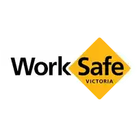 InspireHM— WorkSafe Victoria logo featuring the words "Work Safe" in bold black letters and "Victoria" in smaller letters on an orange diamond shape, set against a white and black background.
