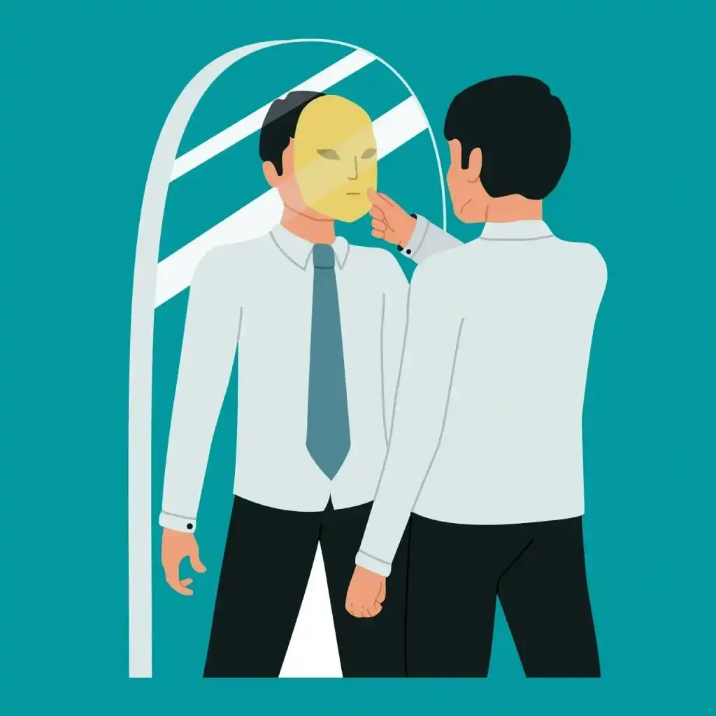 InspireHM— A man standing in front of a mirror is pointing at a yellow mask covering his reflection's face. He is wearing a white shirt and blue tie. The background is teal.