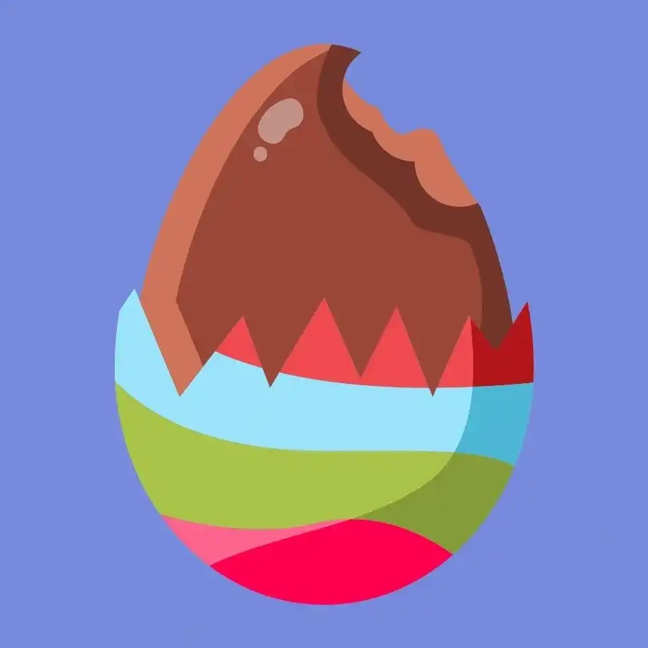InspireHM— Illustration of a chocolate egg with a bite taken out of the top. The egg has colorful stripes in red, green, and blue on the lower half, set against a purple background.