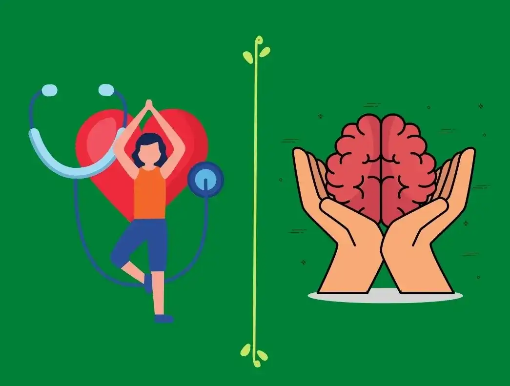 InspireHM— Illustration with two sections: left, a person doing yoga, standing on one leg with a stethoscope around a heart; right, two hands cradling a brain. The background is green with a decorative divider in the center.