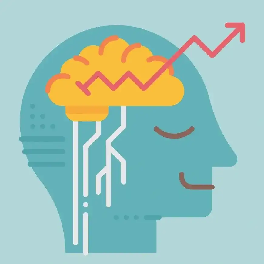 InspireHM— Illustration of a blue profile of a human head with a stylized yellow brain inside, connected to lines descending from it. A red, upward-trending arrow starts from the brain, symbolizing growth and success. Background is light blue.