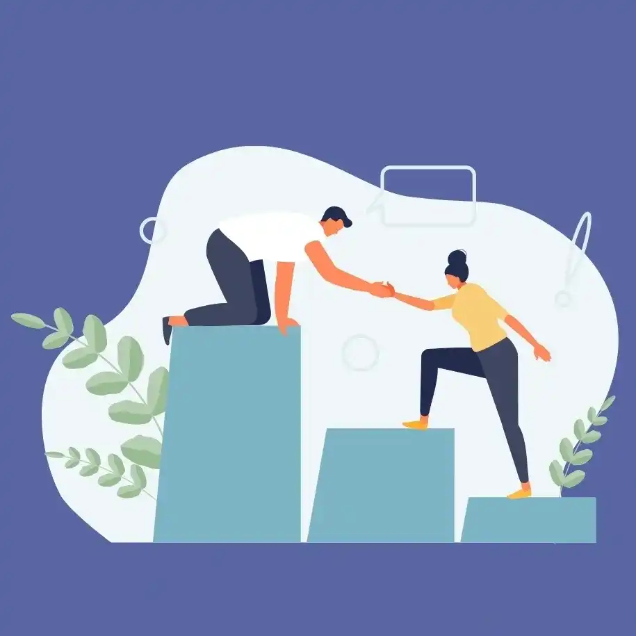 InspireHM— Illustration of two people on ascending bar graphs. One is extending a hand to help the other climb up. The background is blue with leaf designs, abstract shapes, and speech bubbles, symbolizing teamwork and growth.