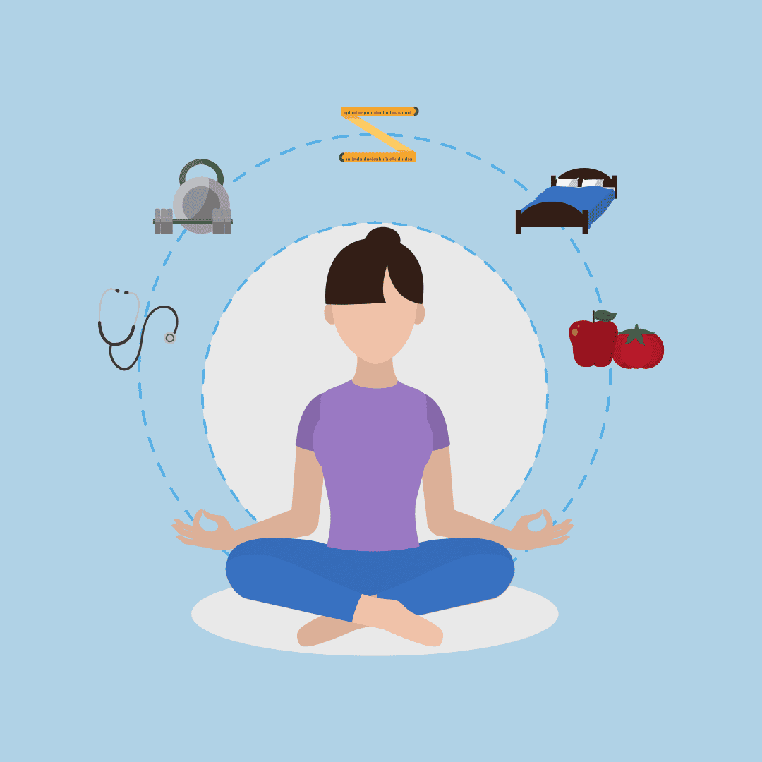InspireHM— A person sitting cross-legged and meditating in the center. Surrounding them are icons depicting a bed, dumbbells, tomatoes, a stethoscope, and a sleep mask, representing elements of a healthy lifestyle, against a light blue background.