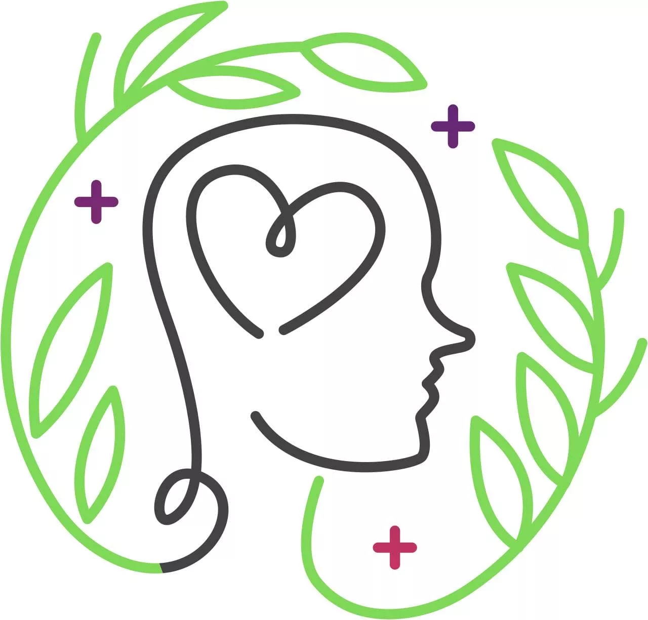 InspireHM— A minimalist drawing of a face in profile with a heart shape inside. Green leaves surround the face, and purple plus signs are scattered around. The design suggests themes of nature, wellness, and emotional well-being.
