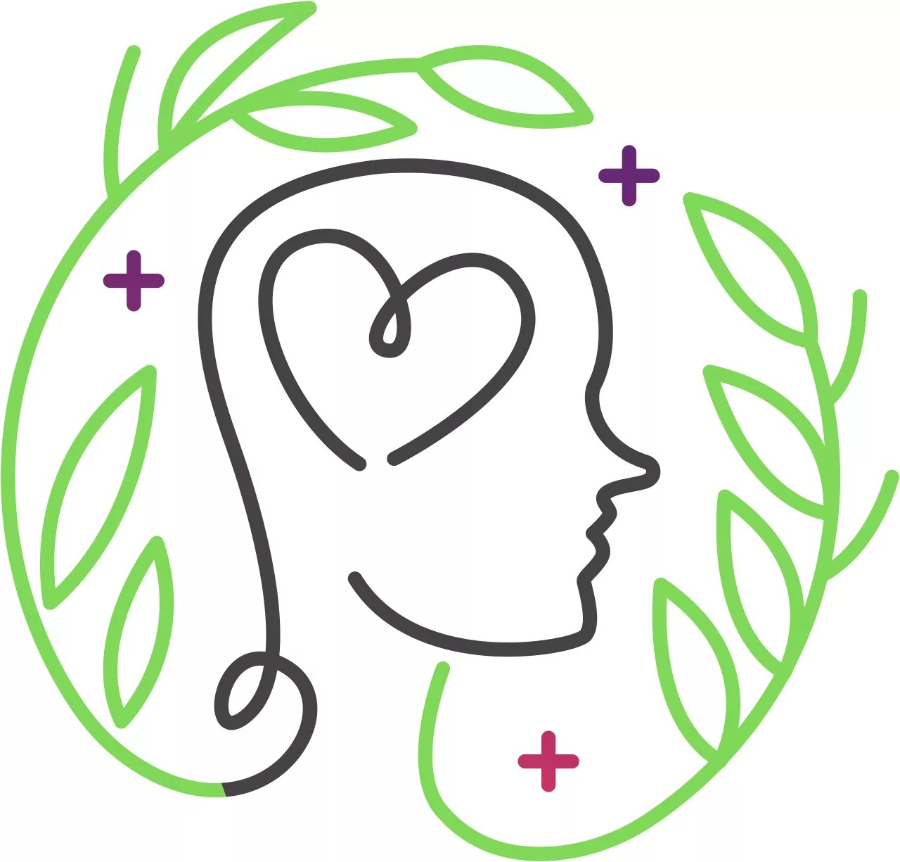 InspireHM— A minimalist outline of a human profile with a heart inside the head, symbolizing love and mind. Green leaves form a partial circle around the profile, with purple and red plus signs scattered throughout.