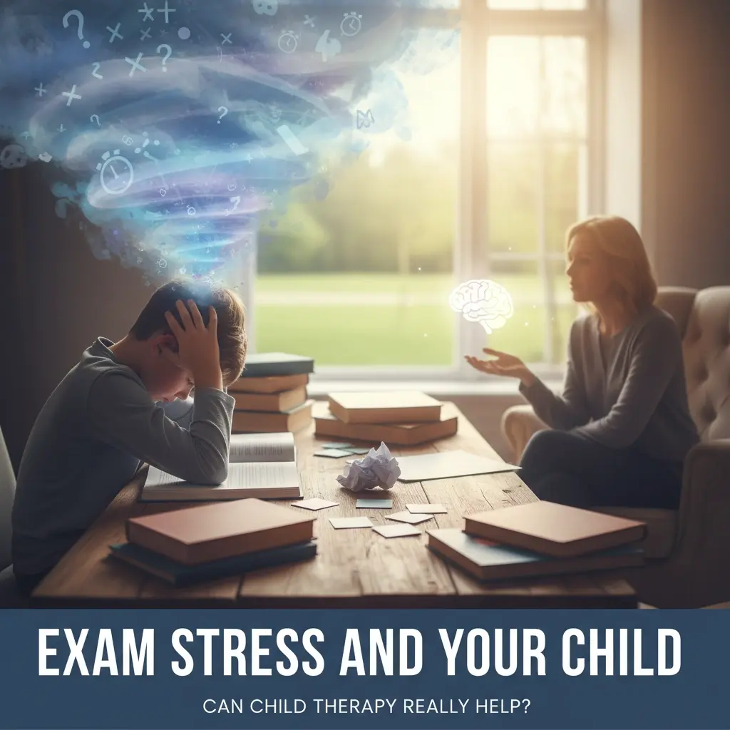 InspireHM— A stressed boy sits at a table with books, holding his head, while a woman talks to him. Swirling question marks and symbols illustrate his anxiety. Text reads: "Exam Stress and Your Child. Can child therapy really help?.