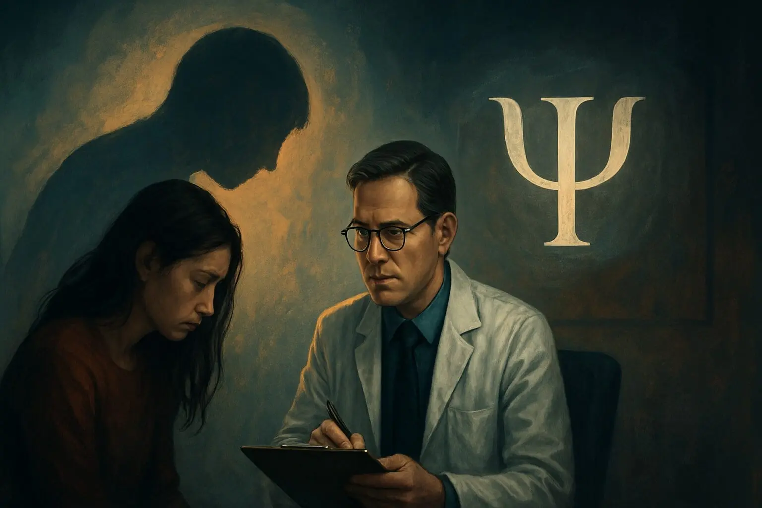InspireHM— A serious-looking psychologist in a white coat takes notes on a clipboard while a sad woman sits nearby, her head down. A shadowy, distressed figure is behind her, and a large psi symbol is on the wall.