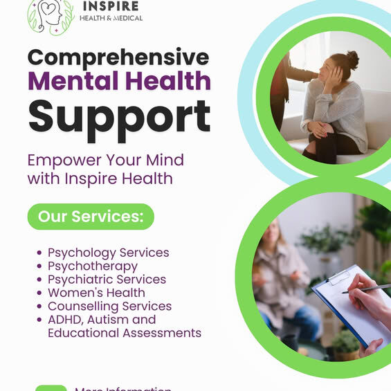 InspireHM— A mental health support flyer lists services like psychology, psychotherapy, assessments, and counseling. Circular images show a woman in therapy and a professional writing notes. The design is green, purple, and white.