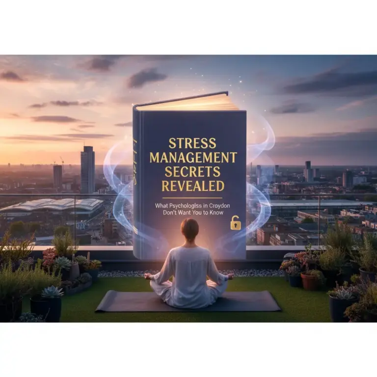 InspireHM— A person sits cross-legged on a rooftop at sunset, meditating in front of a large, glowing book titled "Stress Management Secrets Revealed" with the subtitle "What Psychologists in Croydon Don't Want You to Know.