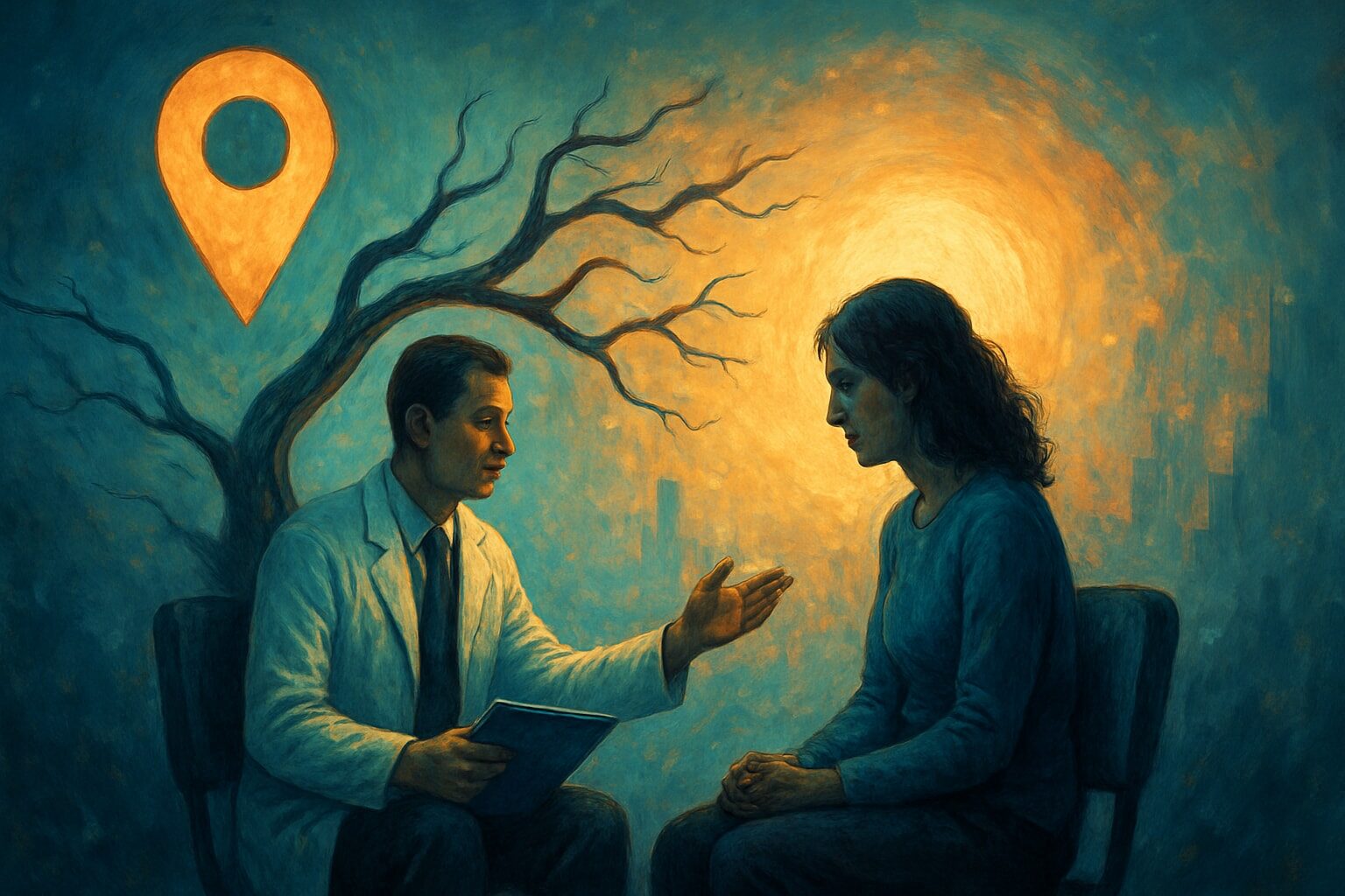InspireHM— A doctor and a woman sit facing each other, engaged in conversation. A glowing location pin and a leafless tree appear in the background, with warm light illuminating the scene, suggesting guidance or a search for help.