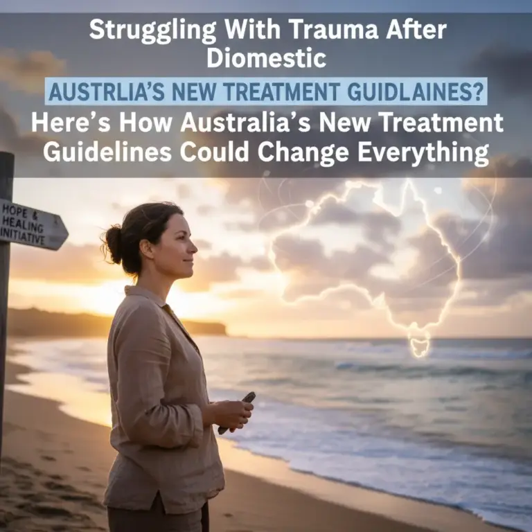 InspireHM— A woman stands on a beach at sunset, looking thoughtful, with the outline of Australia glowing in the sky. Text discusses Australia's new treatment guidelines for trauma after domestic violence.
