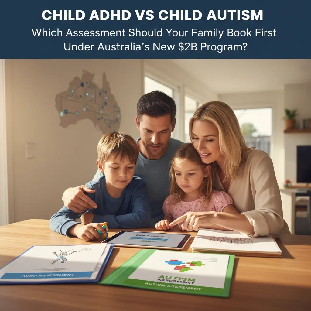 InspireHM— A family of four sits at a table reviewing ADHD and autism assessment folders and using a tablet. The text above asks which assessment to book first under Australia’s new $2B program. A map of Australia is visible on the wall.