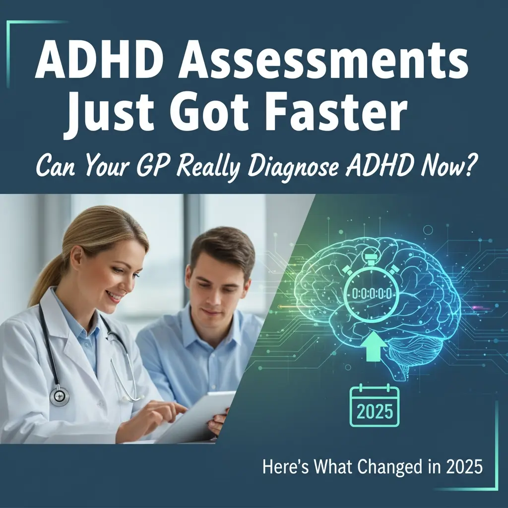 InspireHM— A female doctor and a male patient sit together, both looking at a clipboard. Next to them is a digital illustration of a brain with a stopwatch and "2025" inside, with text discussing faster ADHD assessments and GP diagnosis.