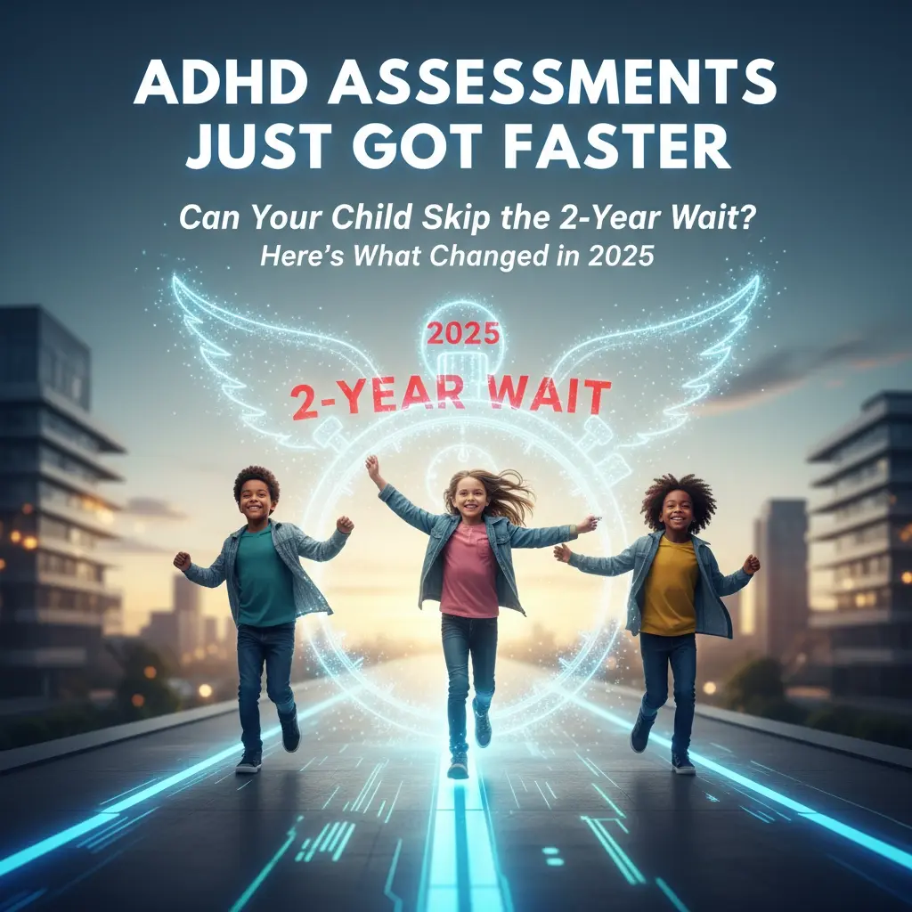 InspireHM— Three smiling children run on a futuristic path with a glowing, winged clock behind them. Text reads: “ADHD Assessments Just Got Faster. Can Your Child Skip the 2-Year Wait? Here’s What Changed in 2025.”.