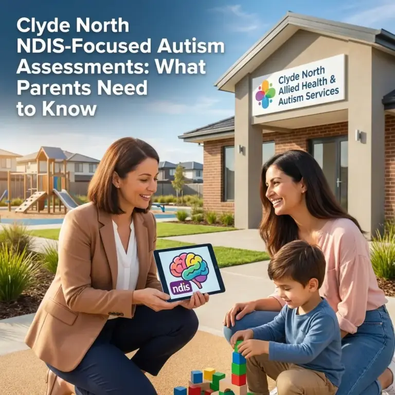 InspireHM— A professional woman shows a tablet with a colorful NDIS autism graphic to a mother and young boy playing with blocks outside Clyde North Allied Health & Autism Services. Text reads: “Clyde North NDIS-Focused Autism Assessments: What Parents Need to Know.”.