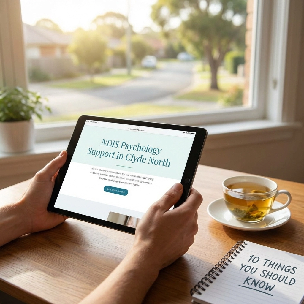 InspireHM— A person holds a tablet displaying a webpage about NDIS psychology support. On the table are a cup of tea and a notepad with "10 THINGS YOU SHOULD KNOW" written on it. A window shows a suburban street outside.