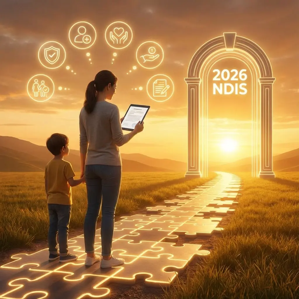 InspireHM— A woman and child stand on a puzzle-piece path leading to a glowing archway labeled "2026 NDIS" at sunset, with digital icons representing care, health, and family floating above them.