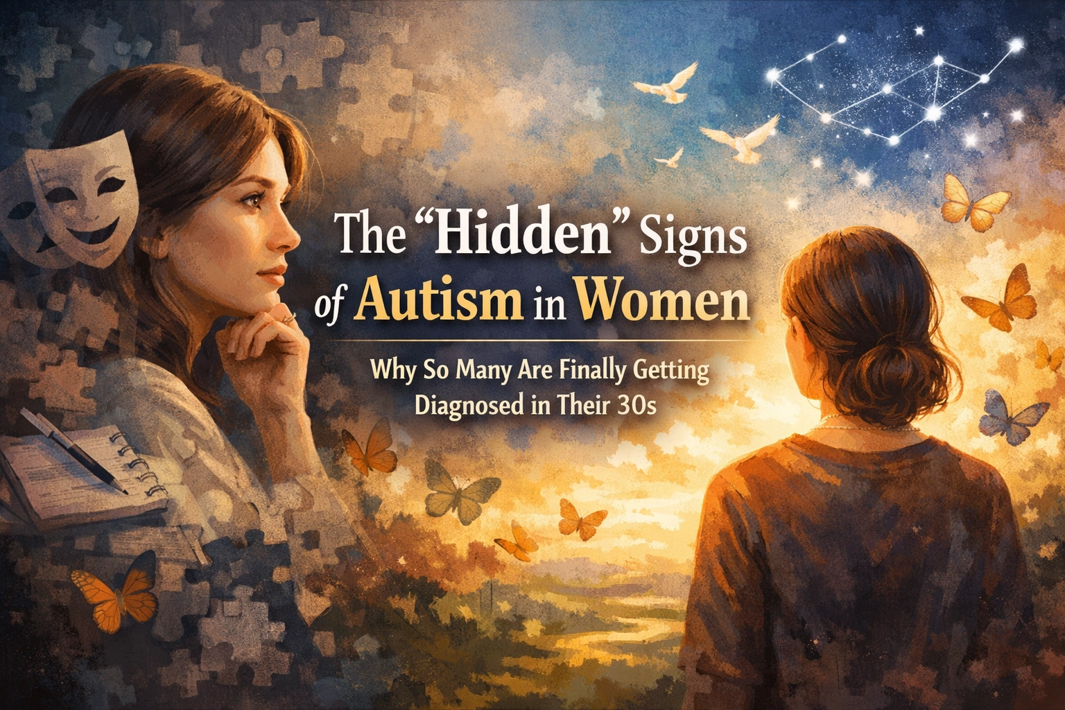 InspireHM— A thoughtful woman faces another woman surrounded by butterflies and puzzle pieces. A constellation, a mask, and a clipboard are visible. Text reads: "The 'Hidden' Signs of Autism in Women: Why So Many Are Finally Getting Diagnosed in Their 30s.