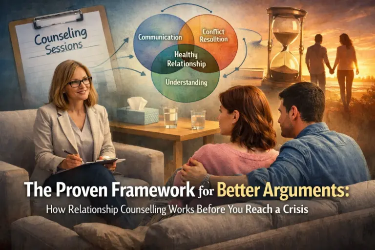 InspireHM— A therapist sits with a couple on a couch in a cozy office. Behind them is a diagram showing communication, conflict resolution, and understanding leading to a healthy relationship. Text promotes relationship counseling sessions.