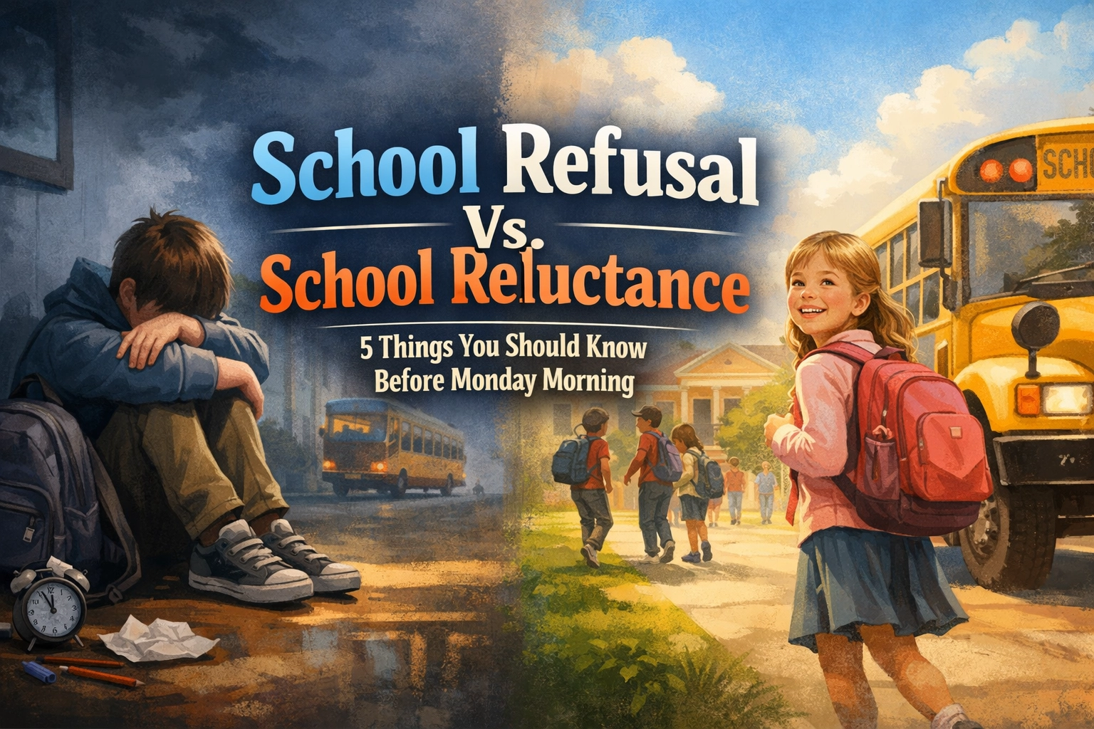 InspireHM— A sad boy sits by a window, while a cheerful girl walks toward a school bus with other children. The text reads, "School Refusal Vs. School Reluctance: 5 Things You Should Know Before Monday Morning.