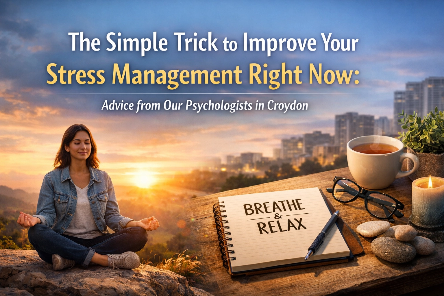InspireHM— A woman meditates outdoors at sunset with a city skyline behind her. In the foreground, a notebook reads “Breathe & Relax” beside a candle, glasses, a pen, and a cup of tea. Text offers stress management advice.