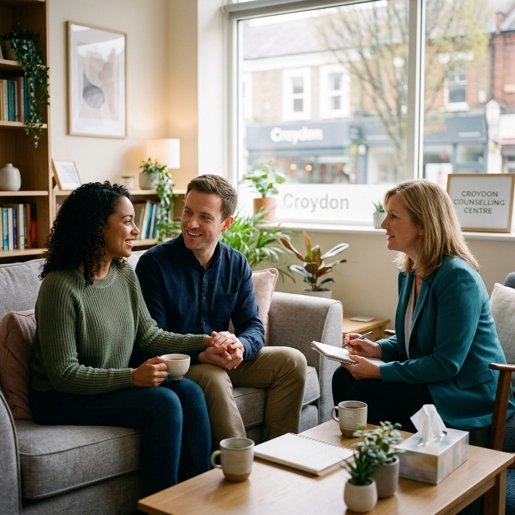 InspireHM— A couple sits on a sofa holding hands and smiling while talking to a female counselor, who is taking notes. They are in a bright, cozy room with plants and a window labeled "Croydon Counselling Centre.