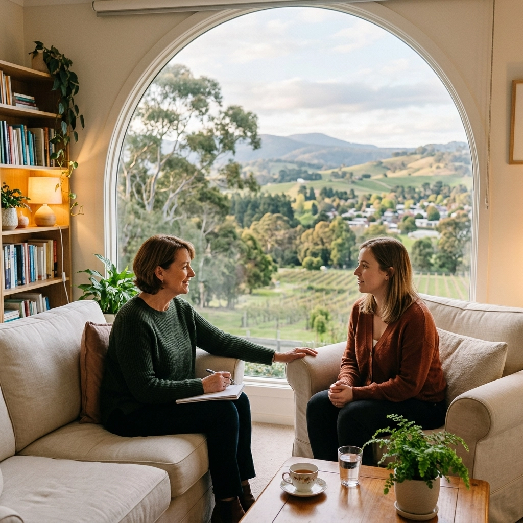 InspireHM— Two women sit on a couch in a cozy living room having a conversation. A large arched window behind them shows a scenic view of rolling hills, trees, and a distant village. A coffee table with tea and plants is in front of them.