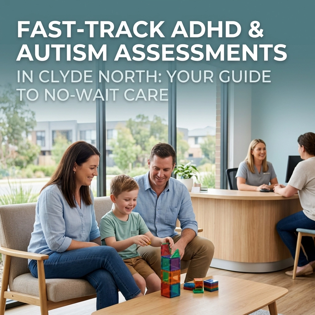 InspireHM— A smiling family with a young boy plays with colorful blocks in a modern clinic waiting area, while a receptionist talks to another woman at a desk. Text reads: "Fast-track ADHD & Autism Assessments in Clyde North: Your Guide to No-Wait Care.