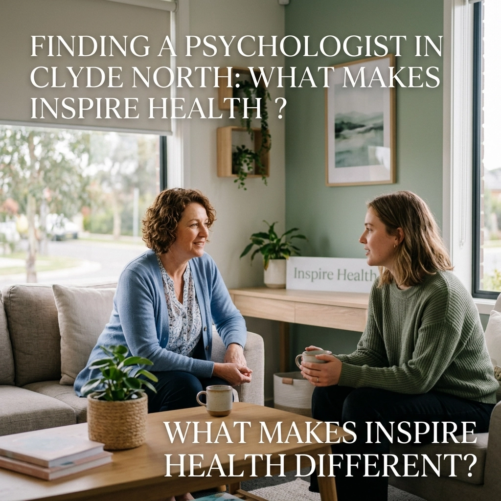 InspireHM— Two women sit across from each other in a cozy, sunlit room having a conversation. Text on the image reads, “Finding a psychologist in Clyde North: What makes Inspire Health different?”.