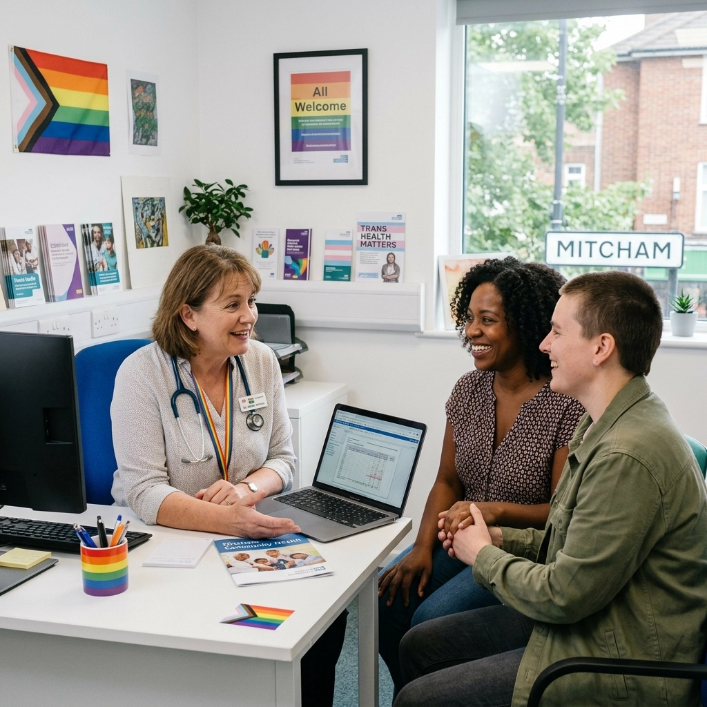 InspireHM— A doctor smiles and talks with two patients in a clinic office decorated with LGBTQ+ pride flags and inclusive posters. The patients sit side by side, engaging in a friendly conversation with the doctor.