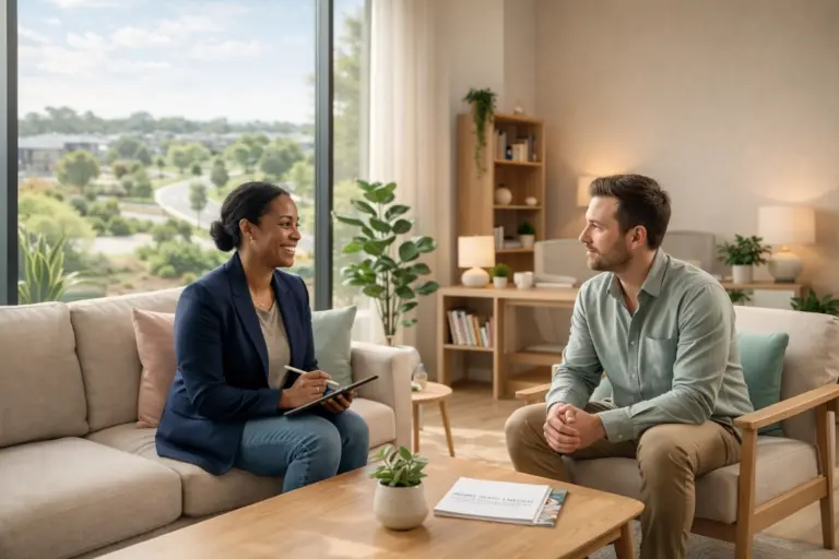 InspireHM— A woman with a notebook and a man sit facing each other in a bright, modern office with large windows, plants, and shelves, appearing to have a friendly conversation or counseling session.
