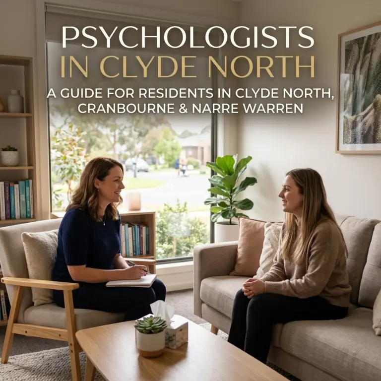 InspireHM— A psychologist and a client sit and talk in a bright, comfortable office. Large text reads, "Psychologists in Clyde North: A guide for residents in Clyde North, Cranbourne & Narre Warren.
