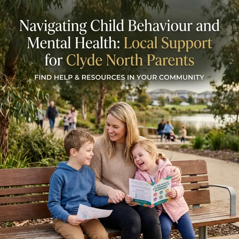 Navigating Child Behaviour and Mental Health: Local Support for Clyde North Parents 20 InspireHM— A mother sits on a park bench with her two young children, smiling and holding informational leaflets. Text overlay promotes local support for Clyde North parents on child behaviour and mental health.