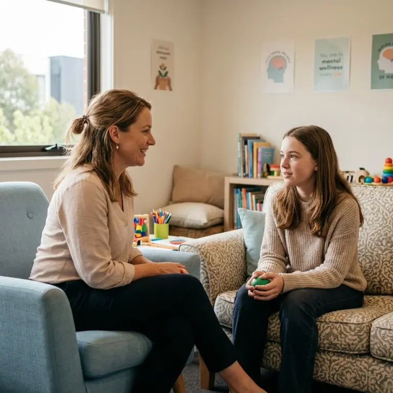 InspireHM— A woman and a girl sit facing each other in a cozy, well-lit room, likely a therapist's office. They are engaged in conversation, with toys and mental wellness posters visible in the background.