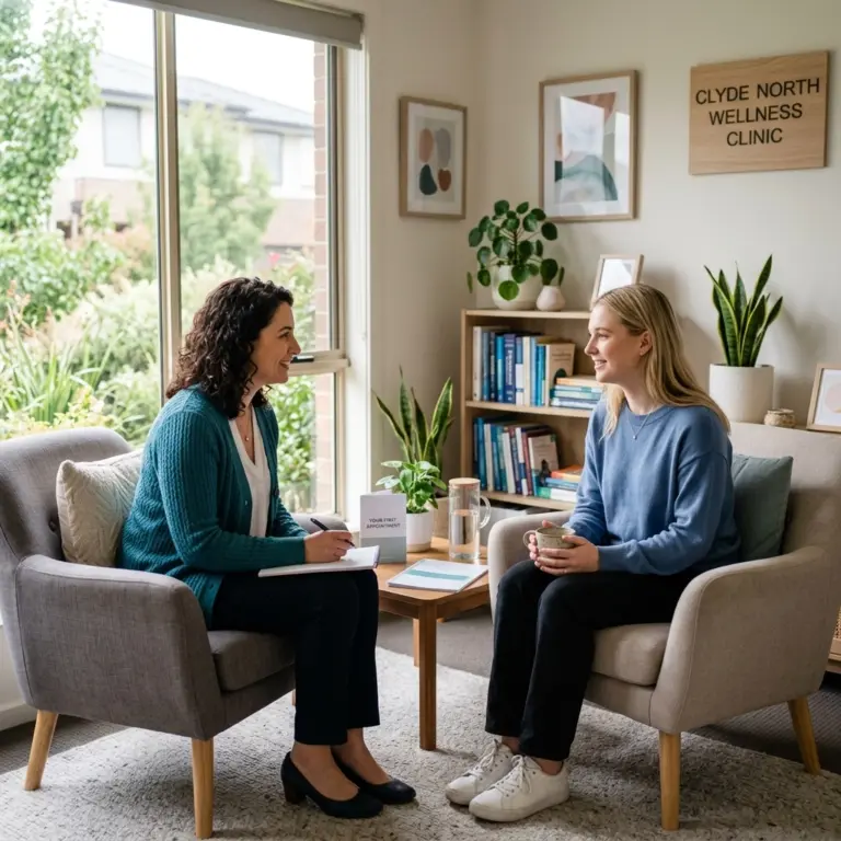The Ultimate Guide to Mental Health Services in Clyde North: Everything You Need to Know for Your First Appointment 5 InspireHM— Two women sit facing each other in a cozy, sunlit office labeled "Clyde North Wellness Clinic." One, holding a clipboard, appears to be a therapist; the other holds a mug, possibly a client. Shelves, plants, and books decorate the room.