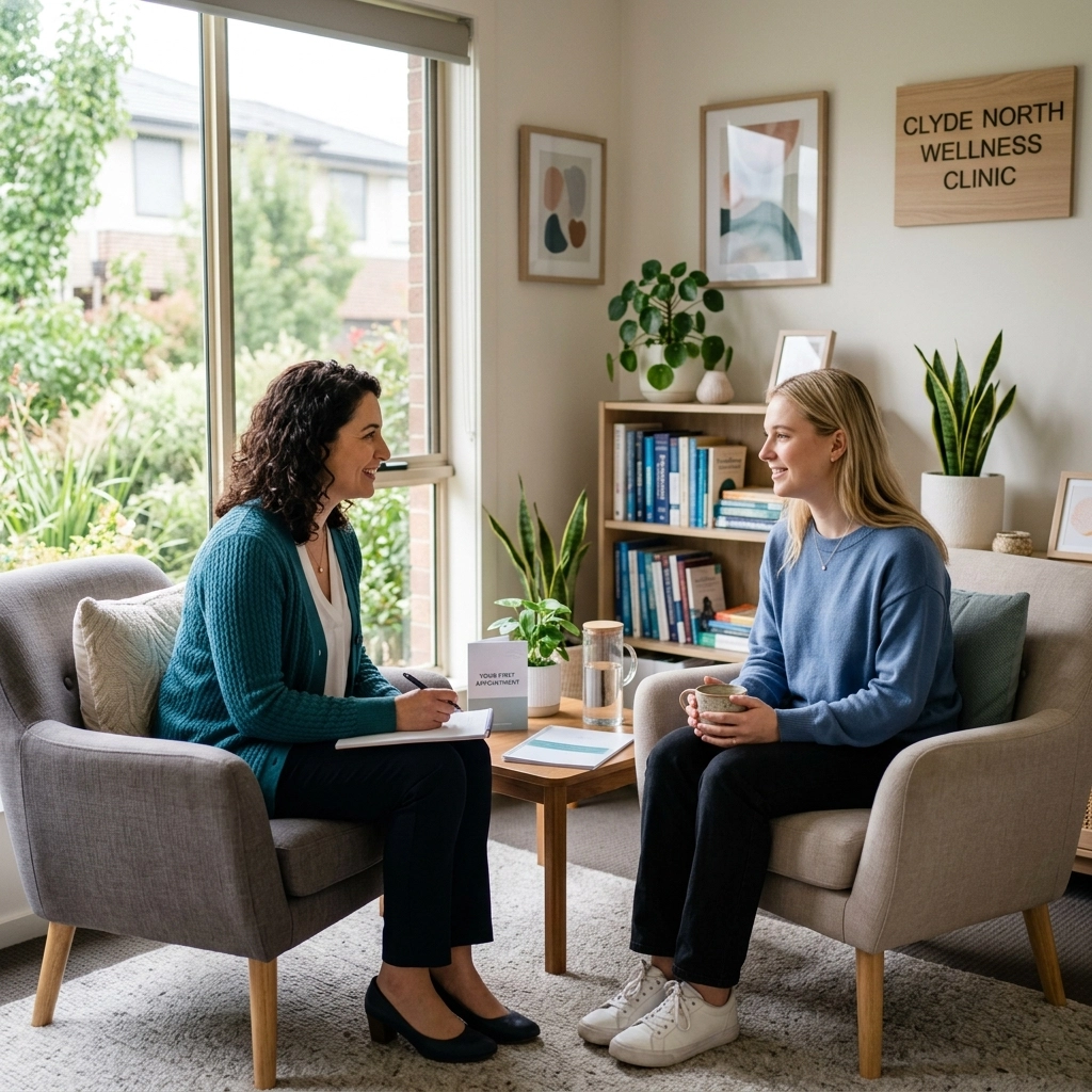 InspireHM— Two women sit facing each other in a cozy, sunlit office labeled "Clyde North Wellness Clinic." One, holding a clipboard, appears to be a therapist; the other holds a mug, possibly a client. Shelves, plants, and books decorate the room.
