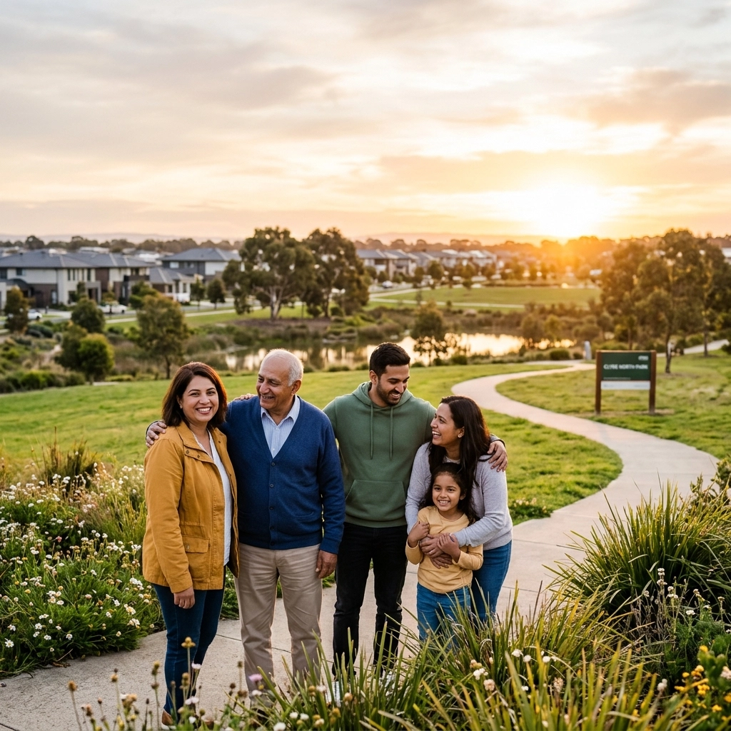 InspireHM— A family of five stands smiling together on a winding path in a park at sunset, with houses, trees, and a pond in the background. Wildflowers and greenery surround them, creating a warm and cheerful atmosphere.