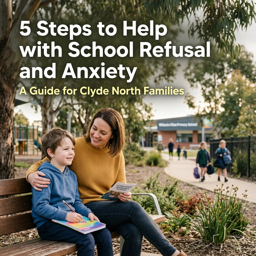 InspireHM— A woman sits on a bench comforting a young boy with books on his lap. They smile together in a leafy schoolyard. Text reads: "5 Steps to Help with School Refusal and Anxiety. A Guide for Clyde North Families.