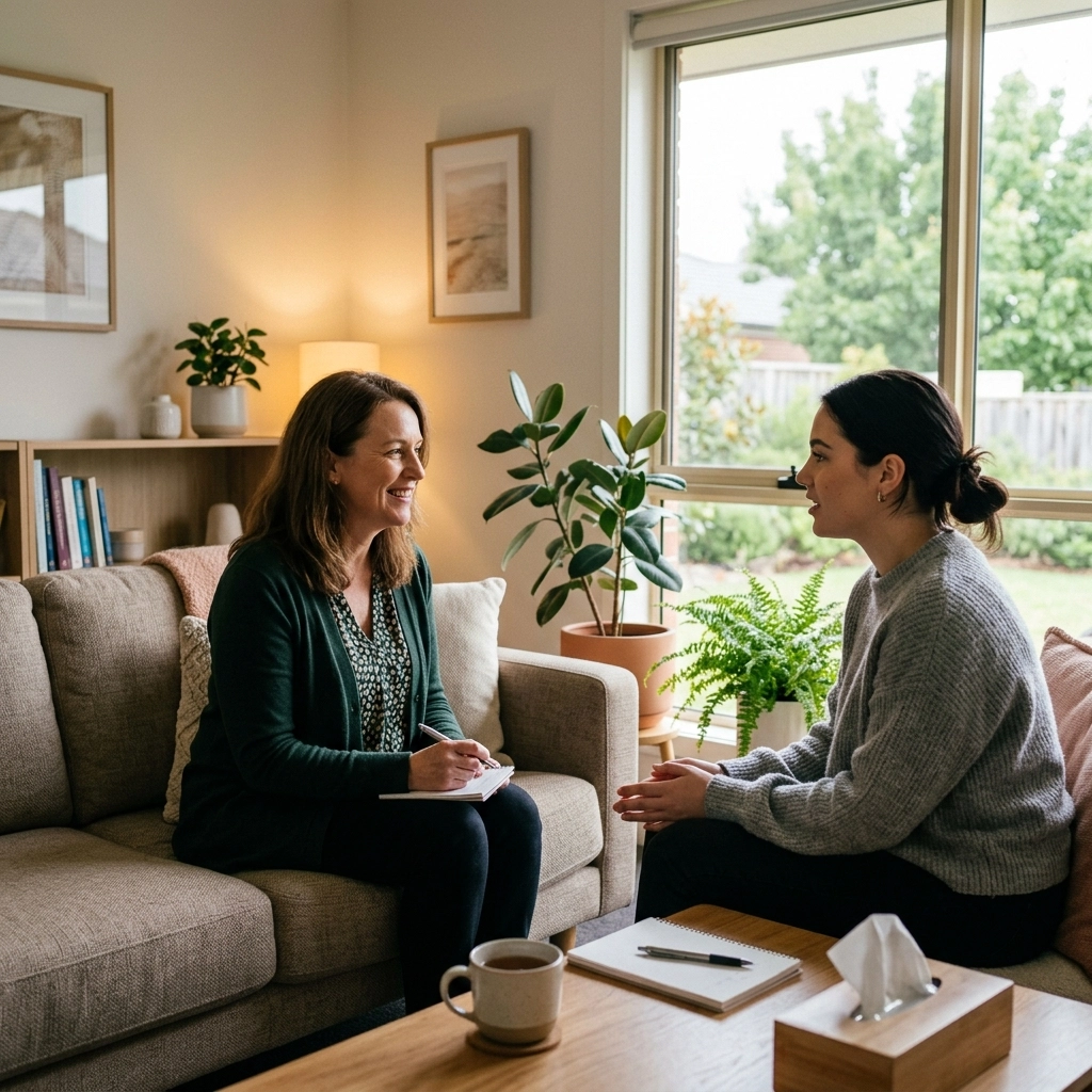 InspireHM— Two women sit facing each other in a cozy, well-lit living room. One, with a notepad, listens attentively while the other speaks. Plants, a mug, and tissue box are on the wooden table, creating a warm, comfortable atmosphere.