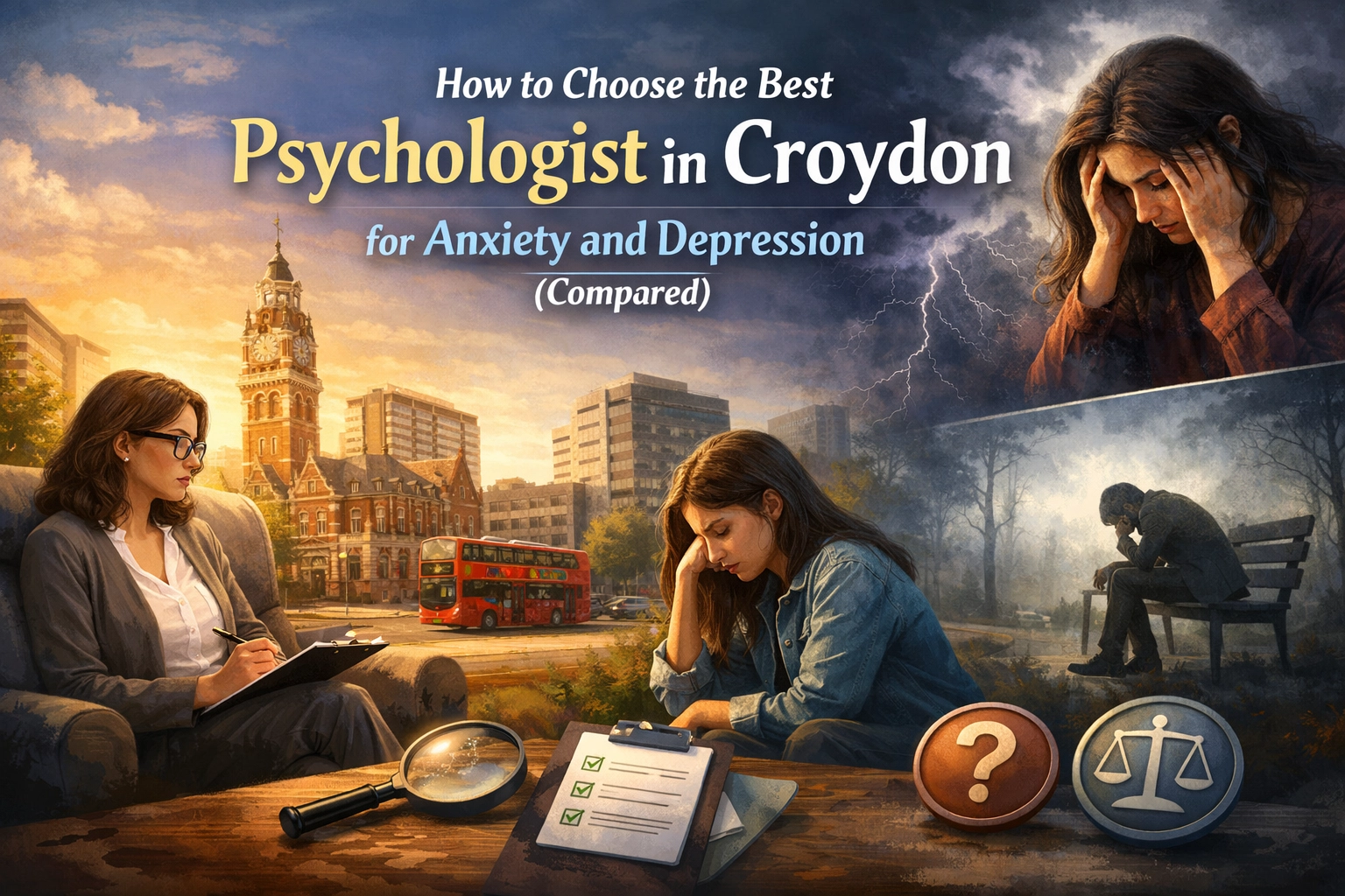 InspireHM— A collage shows a woman consulting a psychologist, a sad woman with her head in her hands, and a solitary figure on a bench. The background features Croydon landmarks and text about choosing a psychologist for anxiety and depression.