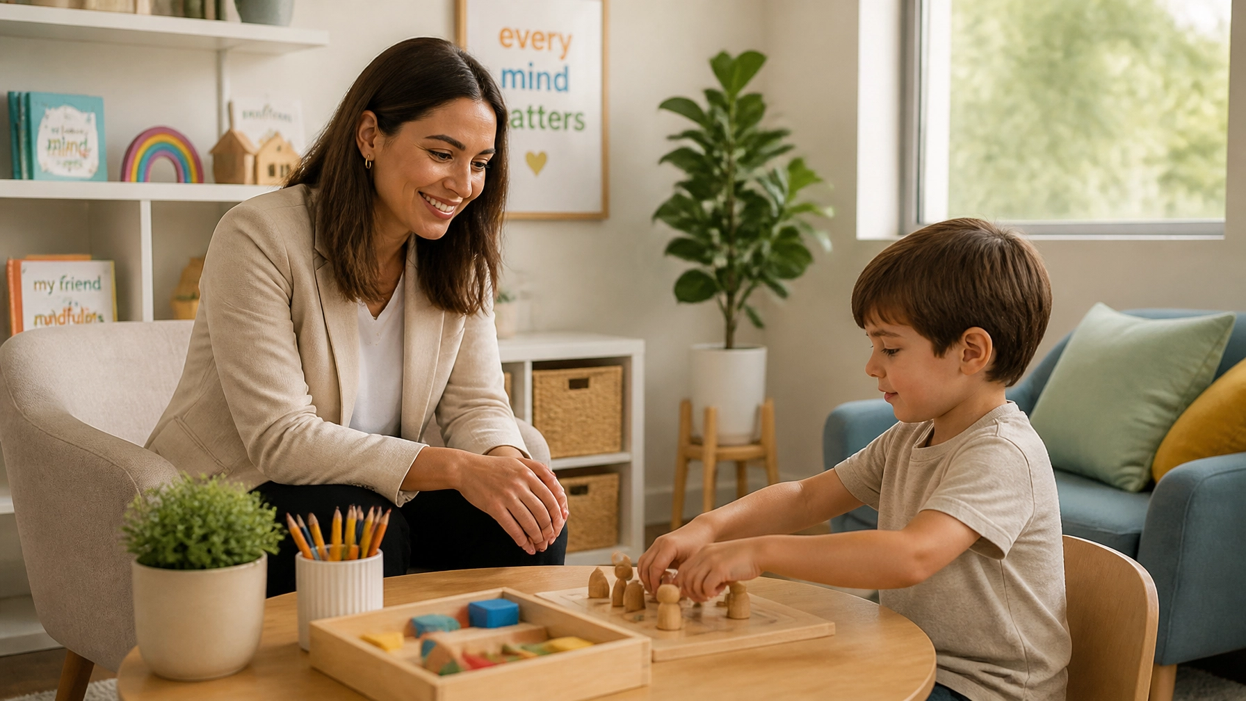 InspireHM— A woman smiles while watching a young boy play with wooden toys at a small table in a bright, cozy room decorated with colorful books and posters.