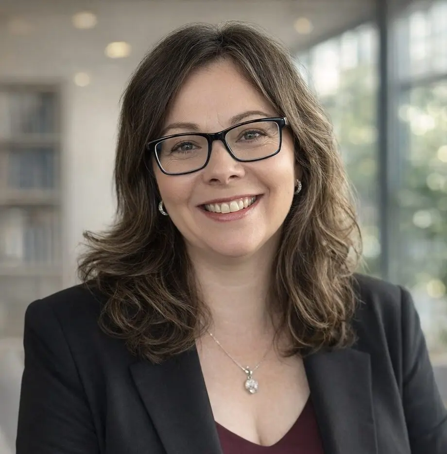 InspireHM— A woman with wavy brown hair, wearing glasses, a dark blazer, and a maroon top, smiles while standing in a modern office with large windows and bookshelves—reflecting the welcoming atmosphere of NDIS Psychology and expert Psychologists.