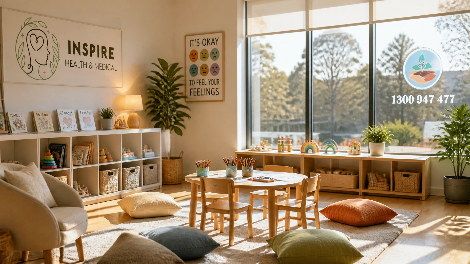 InspireHM— A bright, cozy classroom with wooden tables and chairs, colorful cushions, bookshelves, art supplies, plants, and positive posters. Large windows let in sunlight and display trees outside. A phone number is visible on the window.