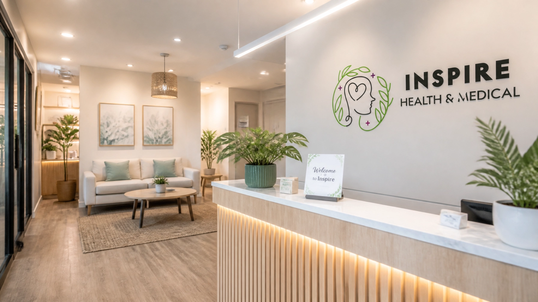InspireHM— A modern medical office reception area with a light wood and white front desk, potted plants, a sofa, coffee table, and artwork on the wall. The wall reads “INSPIRE HEALTH & MEDICAL” with a heart and leaf logo.