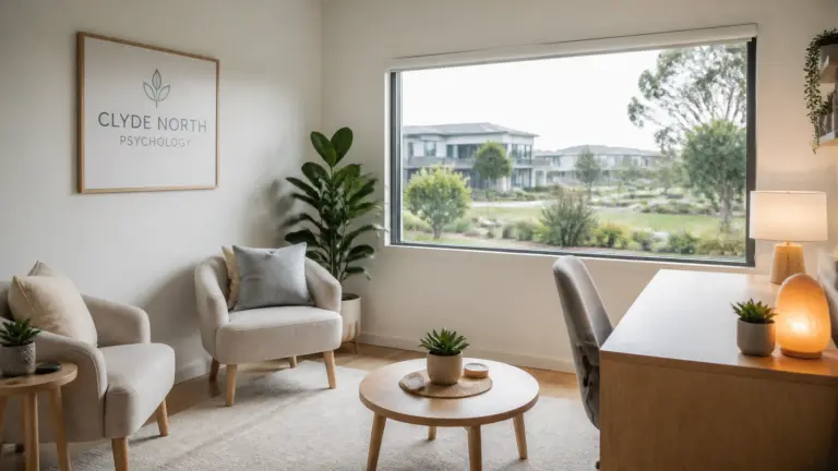 InspireHM— A bright, modern psychology office with two armchairs, a round coffee table, plants, a wooden desk, and a large window overlooking green trees and buildings. A sign reads “Clyde North Psychology.”.