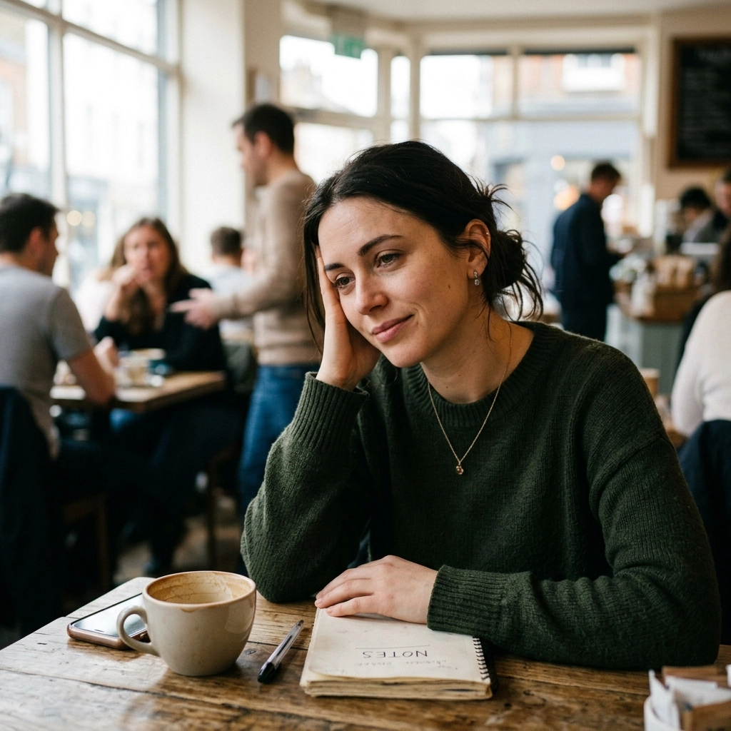 InspireHM— A woman in a green sweater sits at a café table with a cup of coffee and a notebook, resting her head on her hand and smiling softly. Other people are seated and talking in the background.