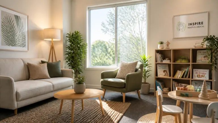 InspireHM— Bright, cozy room with a sofa, armchair, coffee tables, potted plants, a window letting in sunlight, bookshelf with books and toys, wall art, and a lamp, creating a welcoming and calm atmosphere.