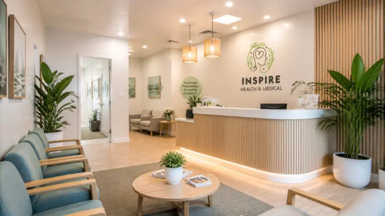 InspireHM— Bright, modern medical clinic reception area with wooden accents, green plants, light blue chairs, a round coffee table with magazines, and a reception desk displaying the "Inspire Health & Medical" logo on the wall.